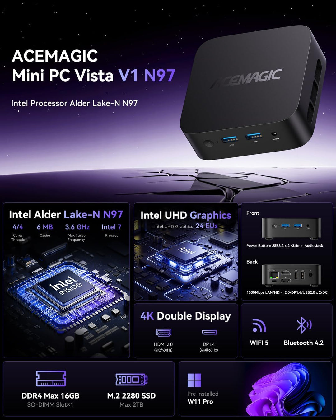 ACEMAGICIAN V1 Mini PC W11 PRO,Ιntel Alder Lake-N97(Beat N200,Bis zu 3,6 GHz),16 GB DDR4 512 GB SSD