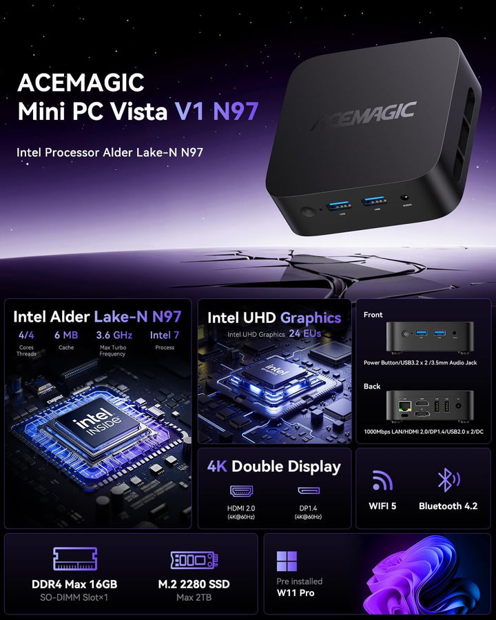 ACEMAGICIAN V1 Mini PC W11 PRO,Ιntel Alder Lake-N97(Beat N200,Bis zu 3,6 GHz),16 GB DDR4 512 GB SSD