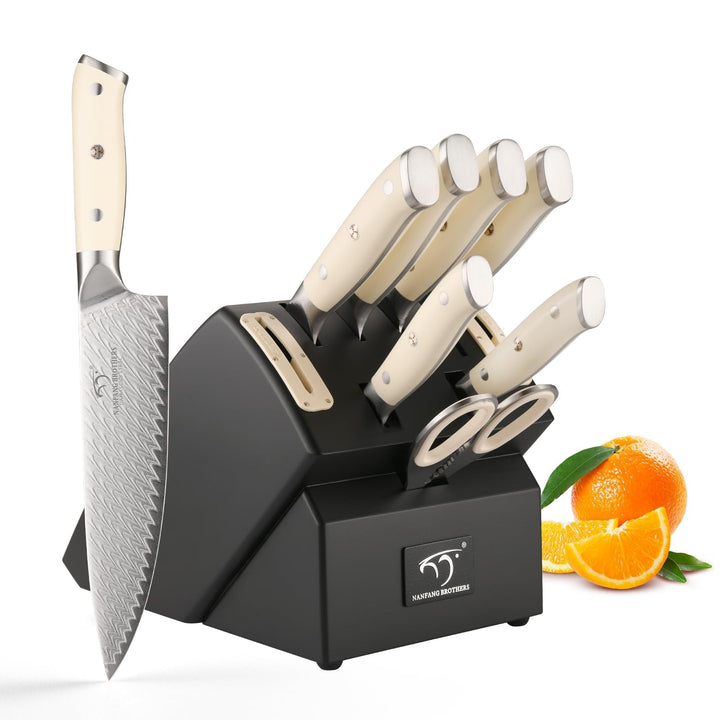 NANFANG BROTHERS Kochmesser Set 10 PCs Damaszener mit Block | VG 10-Kern Stahl, ABS Ergonomischer Gr