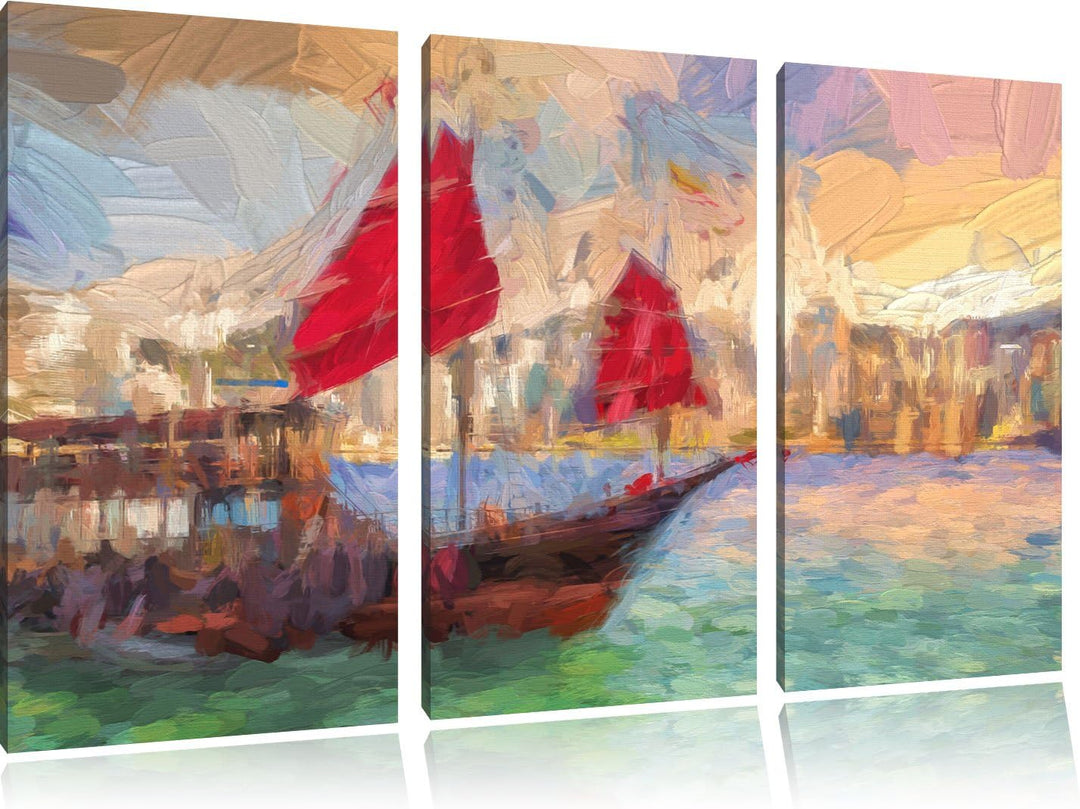 Pixxprint Segelschiff mit Segeln 3Teiler 120x80 cm Leinwandbild Wandbild Kunstdruck