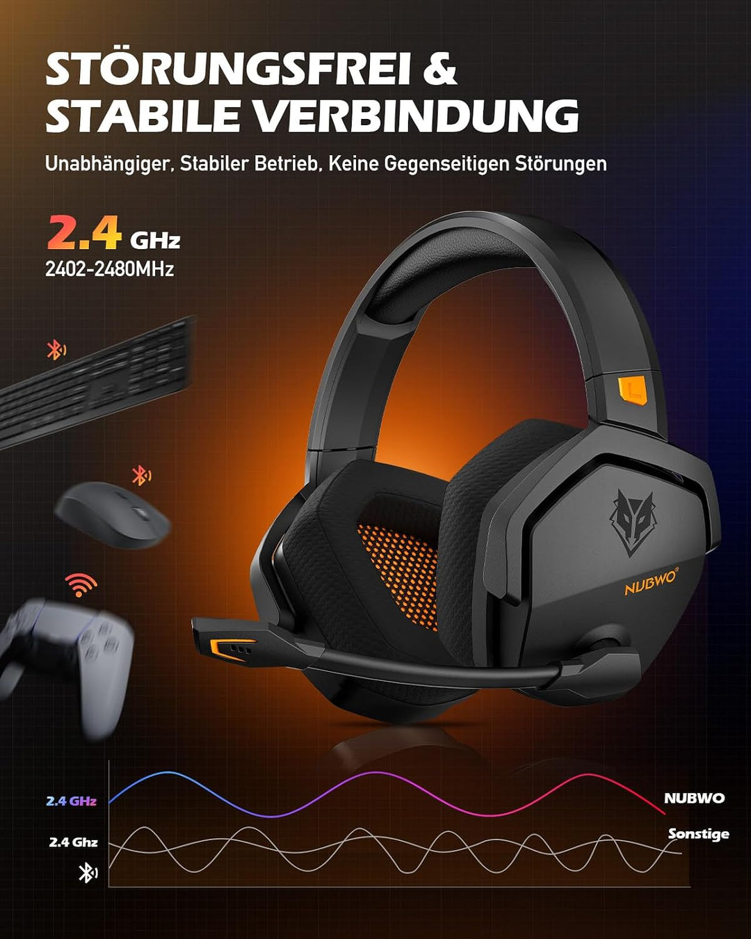 NUBWO G06 Wireless Gaming Headset für PS5, PS4, PC, Rauschunterdrückung über Ohr-Gaming-Kopfhörer mi