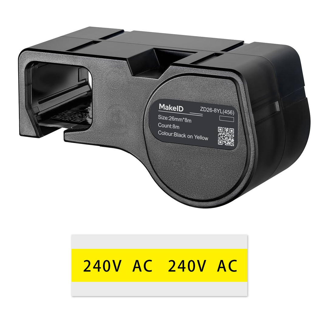 MakeID PET-Etiketten für Industrie-Etikettendrucker D50 – Schwarz auf Gelb, 26 mm x 8 m, Innen-/Auss