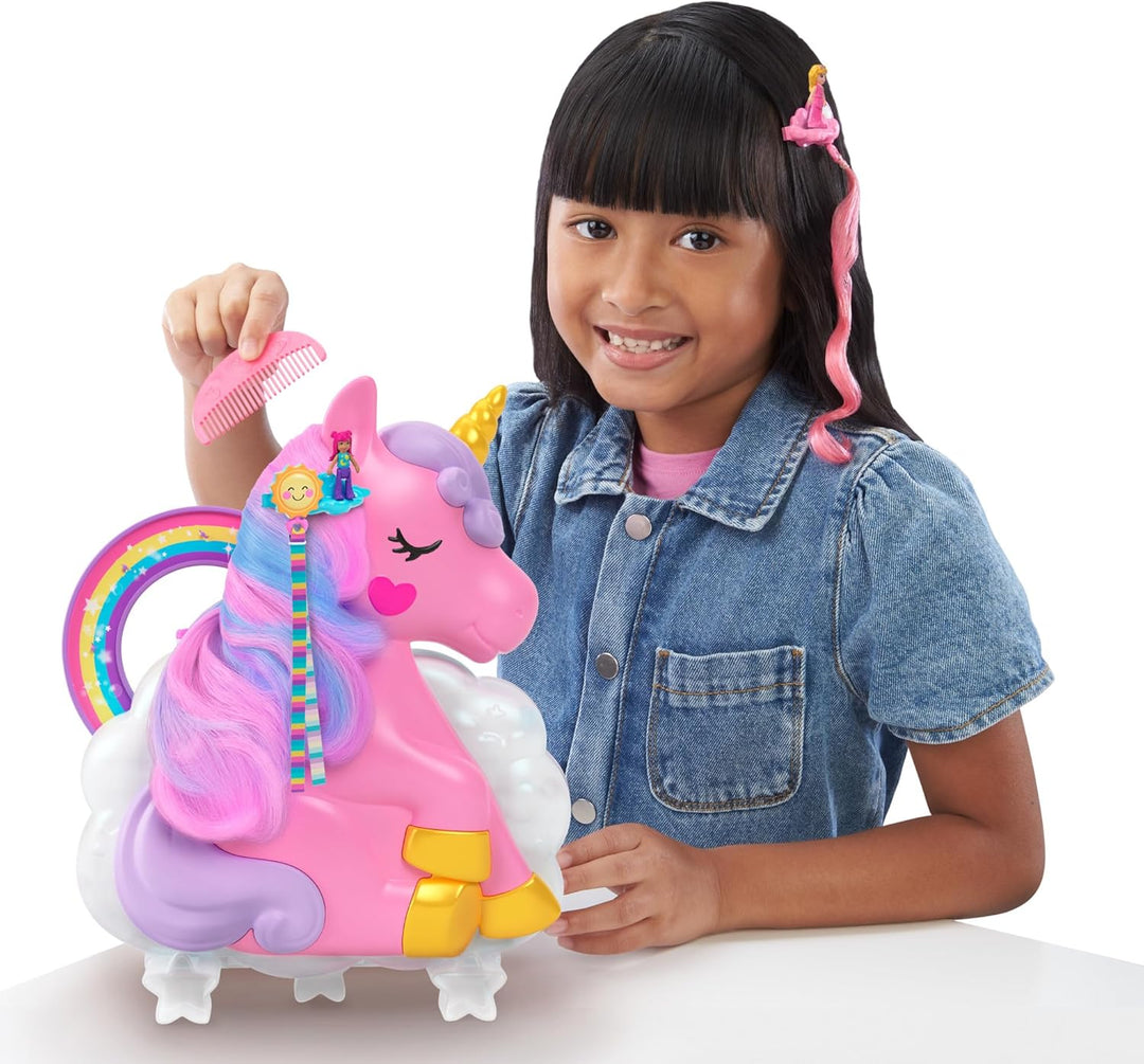 Polly Pocket Mini-Spielzeug, Regenbogen-Einhorn-Salon-Styling-Kopf und Spielset mit 2 kleinen Puppen