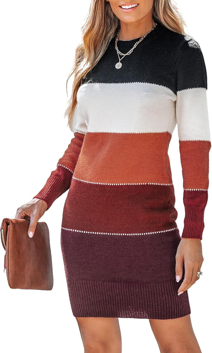 CUPSHE Damen Strickkleid Pulloverkleid Rundhals Langarm Farbblock Pulli Herbst Winter Kleider Bodyco
