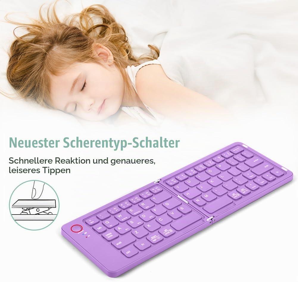 Faltbare Tastatur Klappbar, Wiederaufladbare kabellose Mini-Tastatur für iOS, Android, Windows, QWER