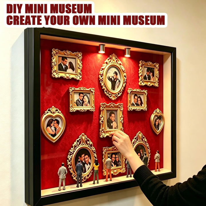 DIY Mini Museum Silhouette Box, Schwarzer Bilderrahmen mit Beleuchtung & 8 MINI Figuren & 11 Gold Ra