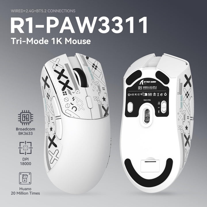 ATTACK SHARK R1 59g Superlight Maus mit Klebeband, PixArt PAW3311 Gaming-Sensor, BT/2,4G kabellose/k