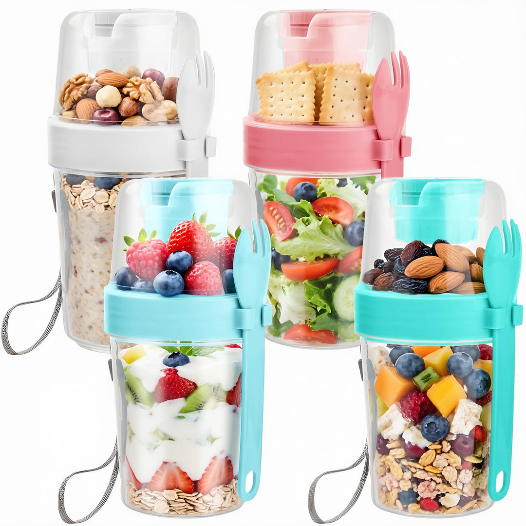 Müslibecher to Go, 4 Stück Jogurtbecher für Unterwegs mit löffel, Joghurt to Go Becher, Doppelschich