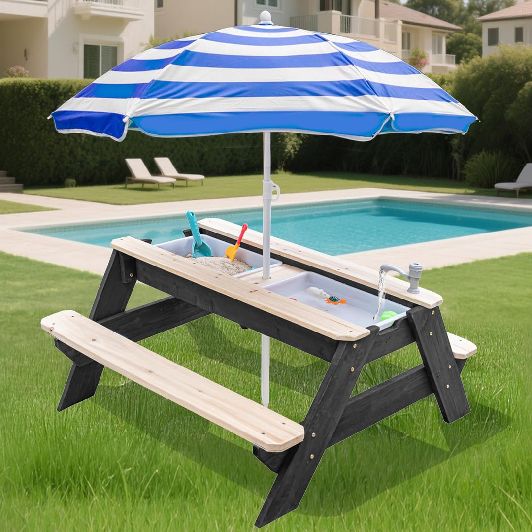 Kids 3-in-1 Sand- und Wasser-Aktivitätstisch, Holz, Outdoor, wandelbarer Picknicktisch mit Regenschi