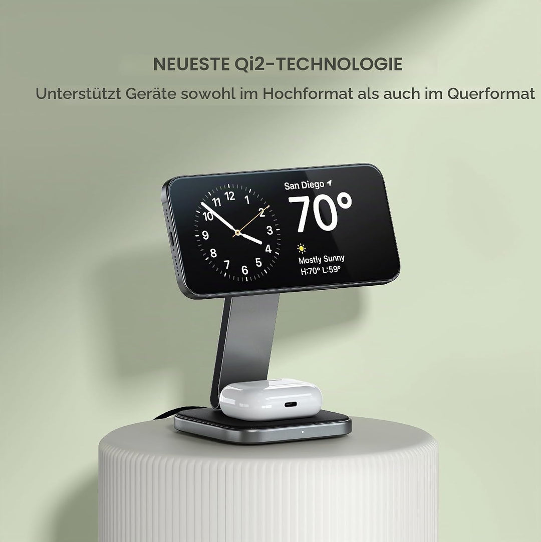 SATECHI 2-in-1 Kabelloses Ladegerät, Qi2 15W Dual-Wireless Ladeständer, magnetische, Faltbare Reisel
