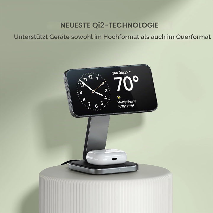 SATECHI 2-in-1 Kabelloses Ladegerät, Qi2 15W Dual-Wireless Ladeständer, magnetische, Faltbare Reisel