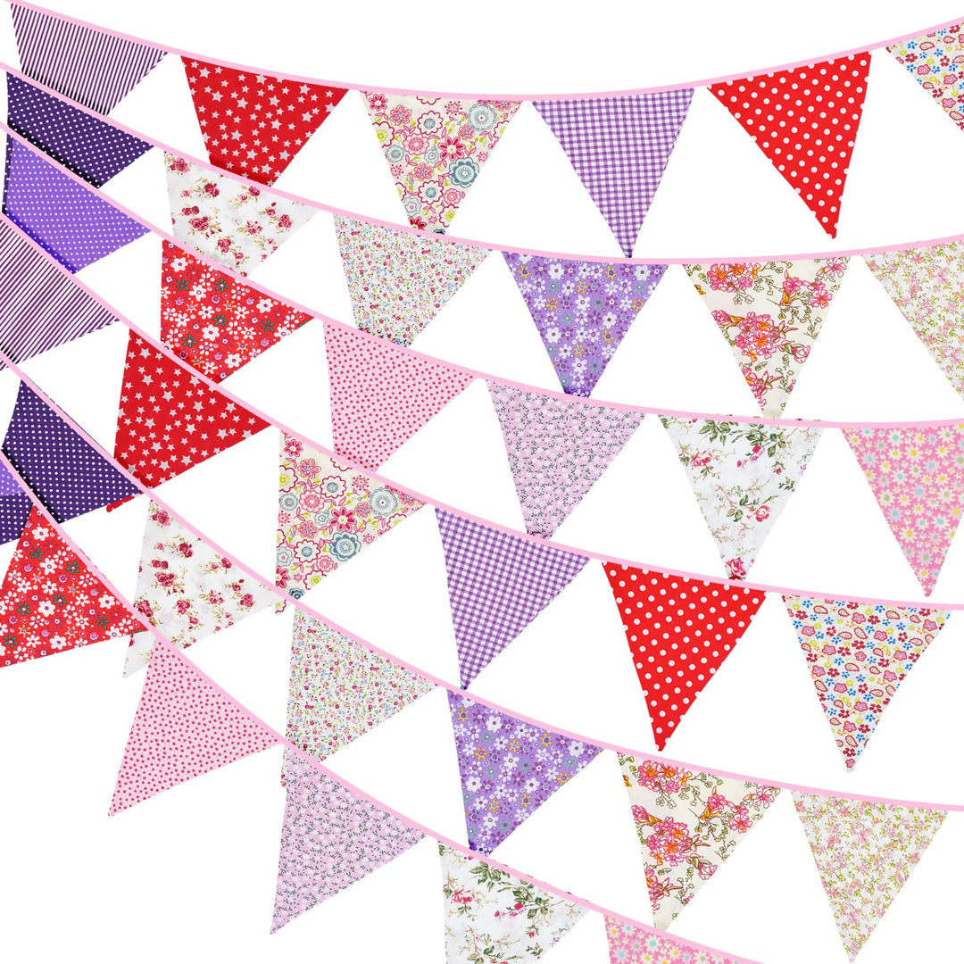 G2PLUS Süsse Beidseitig Wimpel Girlande, 10M Bunting Wimpelkette Stoff, Rot und Lila Stoffgirlande m