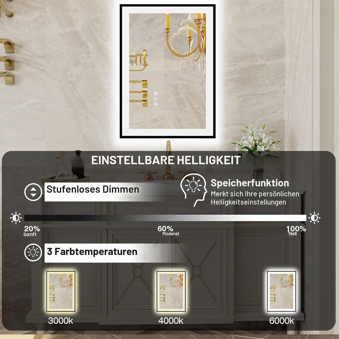 50x70cm Badspiegel mit Beleuchtung, Hartglas Badspiegel LED Antibeschlag, Schwarzer Aluminiumrahmen