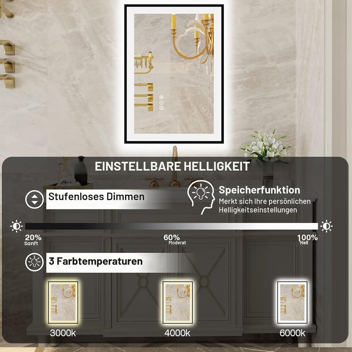 50x70cm Badspiegel mit Beleuchtung, Hartglas Badspiegel LED Antibeschlag, Schwarzer Aluminiumrahmen