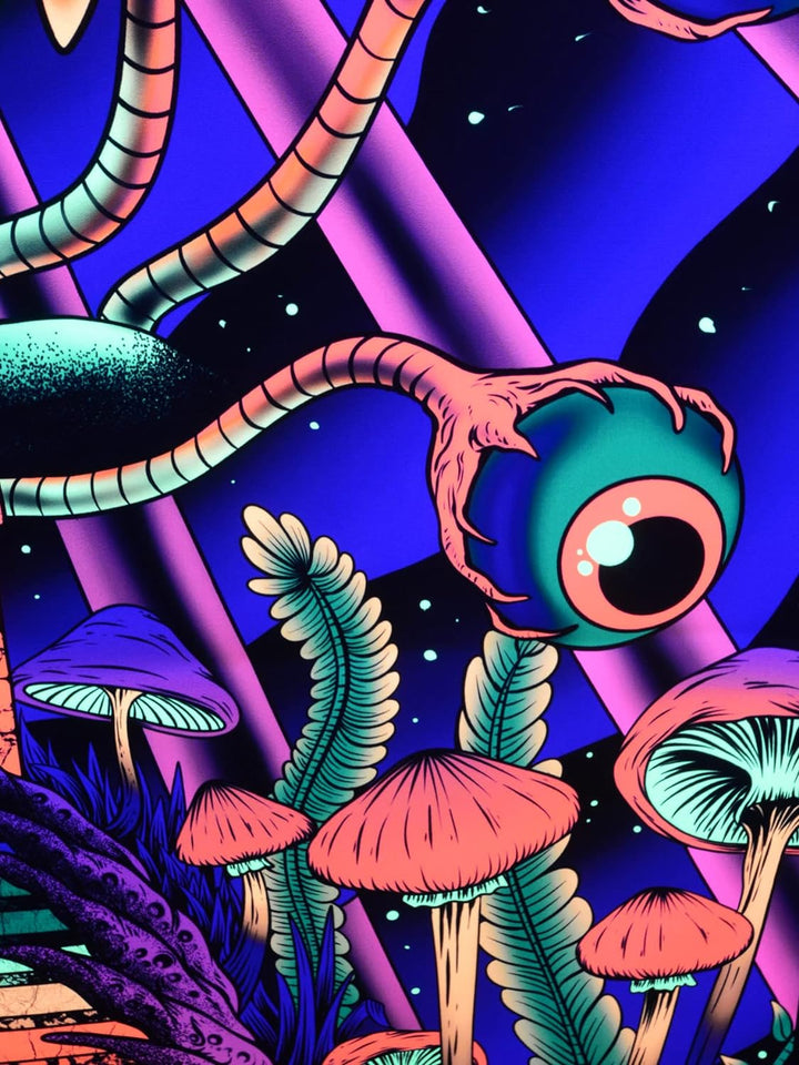 PSYWORK Schwarzlicht Stoffposter Neon | Alien Godness | 1,0 x 1,5m | UV-aktiv | fluoreszierend | Wan