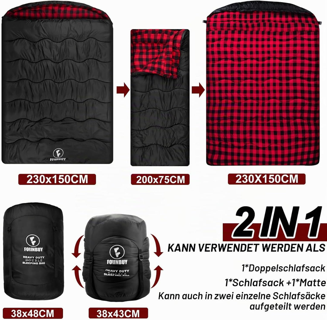 Doppelschlafsack 2 Personen 230x150cm – Flanell-Deckenschlafsack | Weiches Flanell-Futter, wasserdic