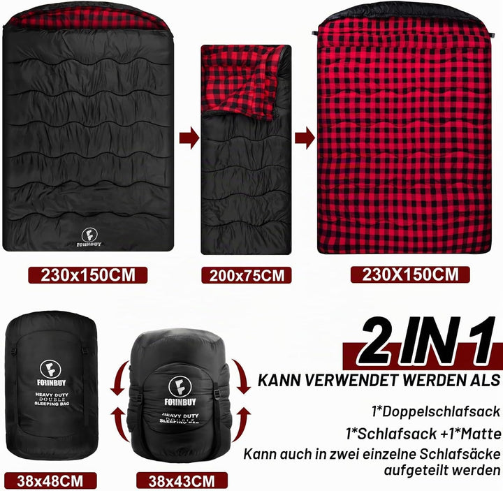 Doppelschlafsack 2 Personen 230x150cm – Flanell-Deckenschlafsack | Weiches Flanell-Futter, wasserdic