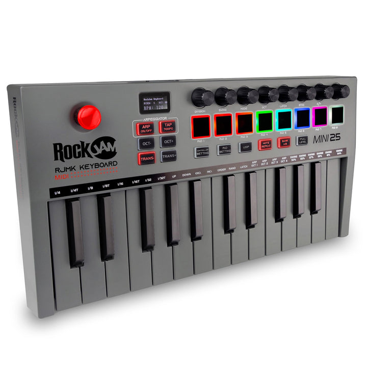 RockJam Go 25 Key USB &amp; Bluetooth MIDI Keyboard Controller With 8 Backlit Drum Pads, 8 Knobs 25 Tast