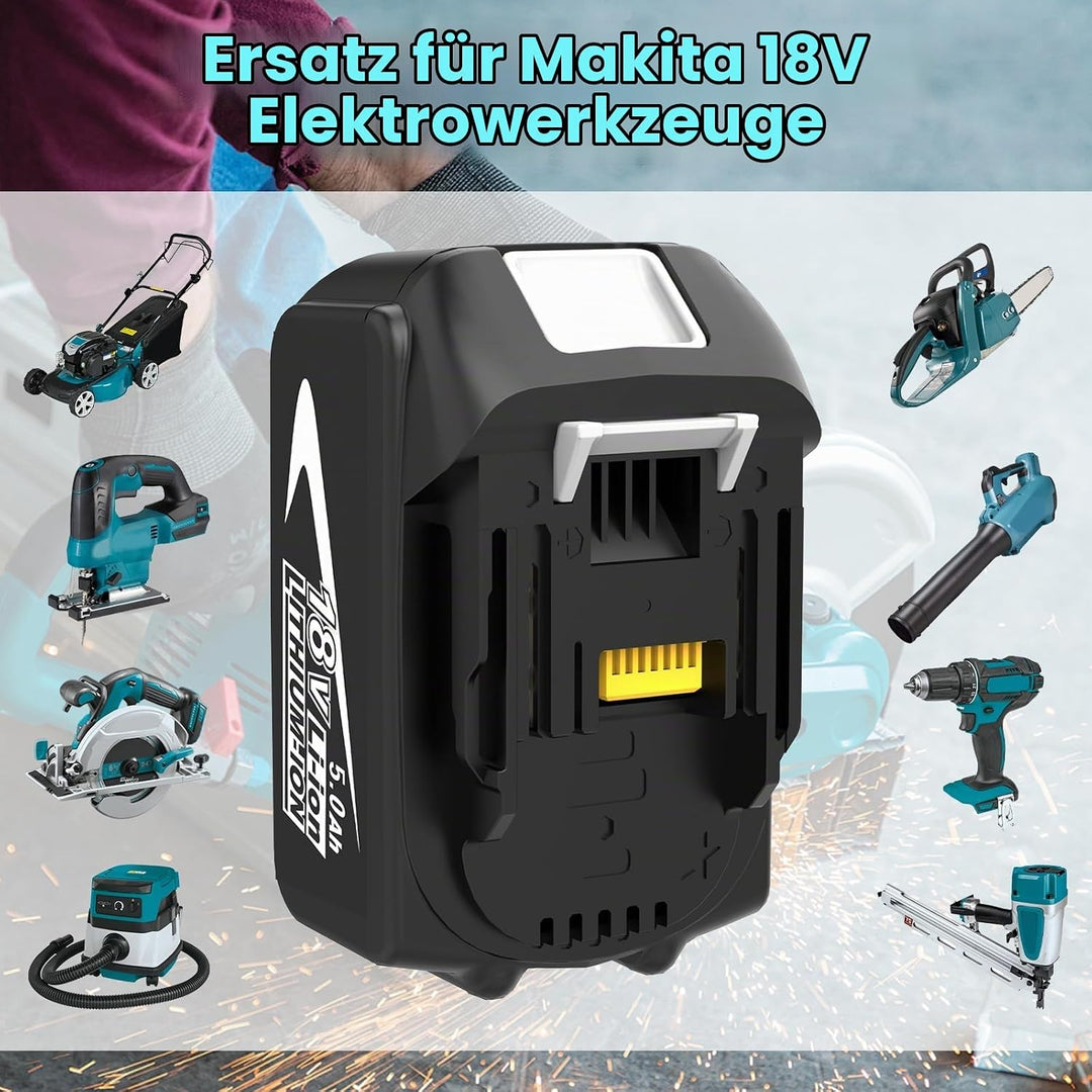 2 Stück 18V 5.0Ah Ersatz für Makita 18V Akku + 3A Ladegerät für DC18RCT für Makita BL1850B BL1850 BL
