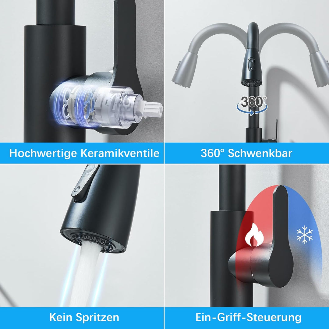 Wasserhahn Küche Schwarz mit Brause Ausziehbar Küchenarmatur mit 2 Modi, Armatur Küche Edelstahl 360