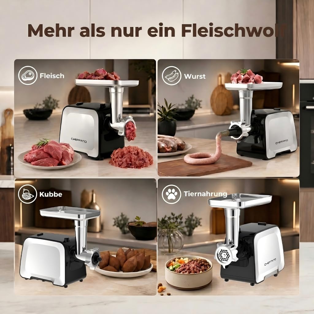 Elektrischer Fleischwolf 2800W[Max], Edelstahl Fleischmühle mit 2 Klingen, 3 Lochscheiben, Wurstfüll