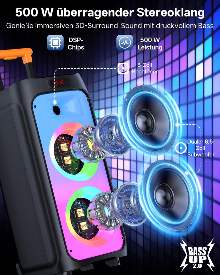 JYX Karaoke Anlage mit 2 drahtlosen Mikrofonen, Grosser Karaoke Lautsprecher Bluetooth mit Rädern un