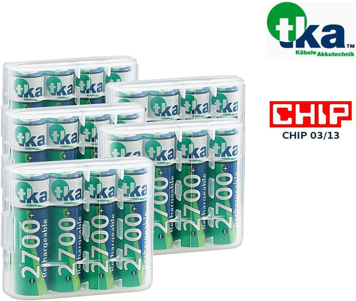 tka Köbele Akkutechnik AA Batterien: 20er-Set NiMH-Akkus Typ AA/Mignon, 2.700 mAh, mit Aufbewahrungs
