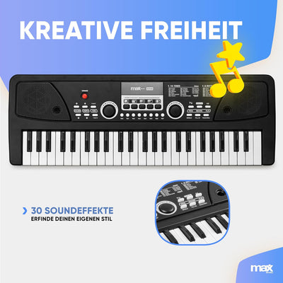 MAX KD49P - Kinder Keyboard mit Mikrofon, 49 Tasten, 16 Klangarten, 8 Rhythmen & Sounds, Kinderklavi