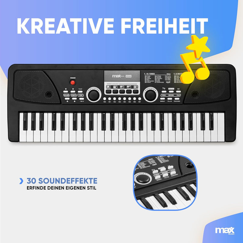 MAX KD49P - Kinder Keyboard mit Mikrofon, 49 Tasten, 16 Klangarten, 8 Rhythmen & Sounds, Kinderklavi