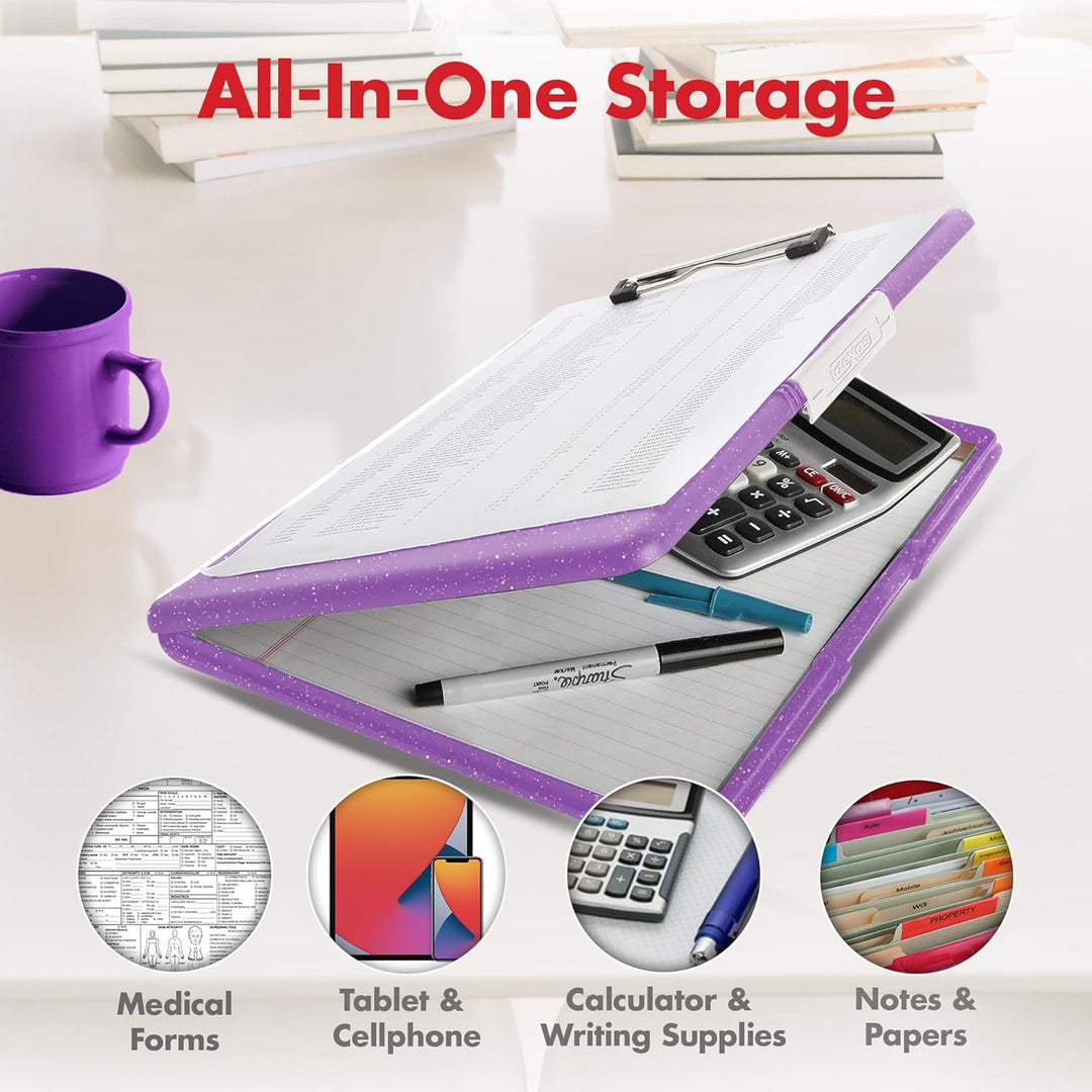 Dexas Slimcase 2, Kunststoff-Klemmbrett mit Aufbewahrung und seitlicher Öffnung, lila Glitzer, Bürob