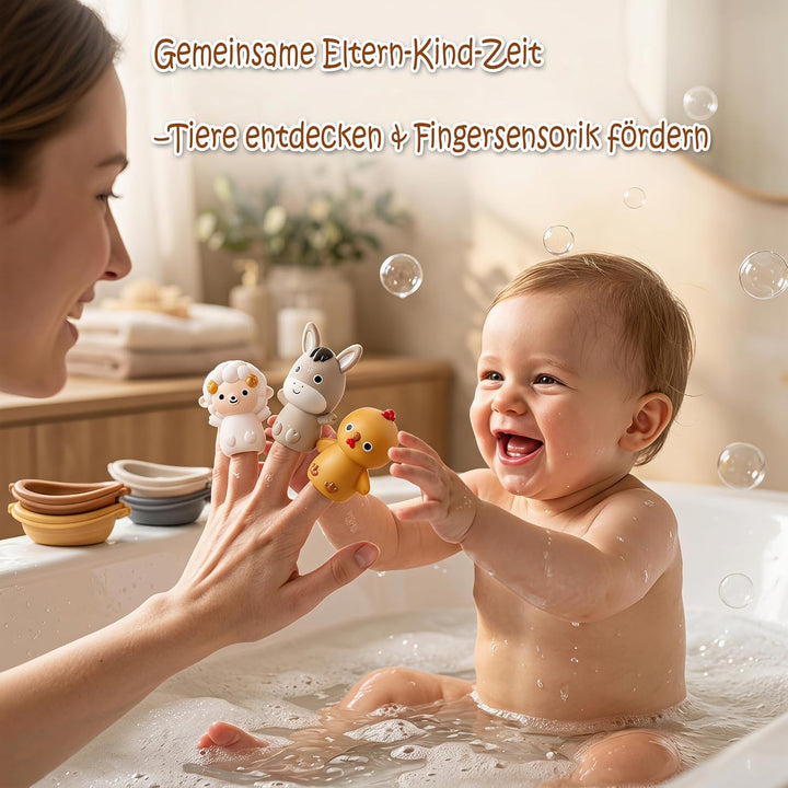 12 Stück Badewannenspielzeug: Baby Badespielzeug mit Tierfiguren, Bauernhof-Fingerpuppen &amp; stapelbar