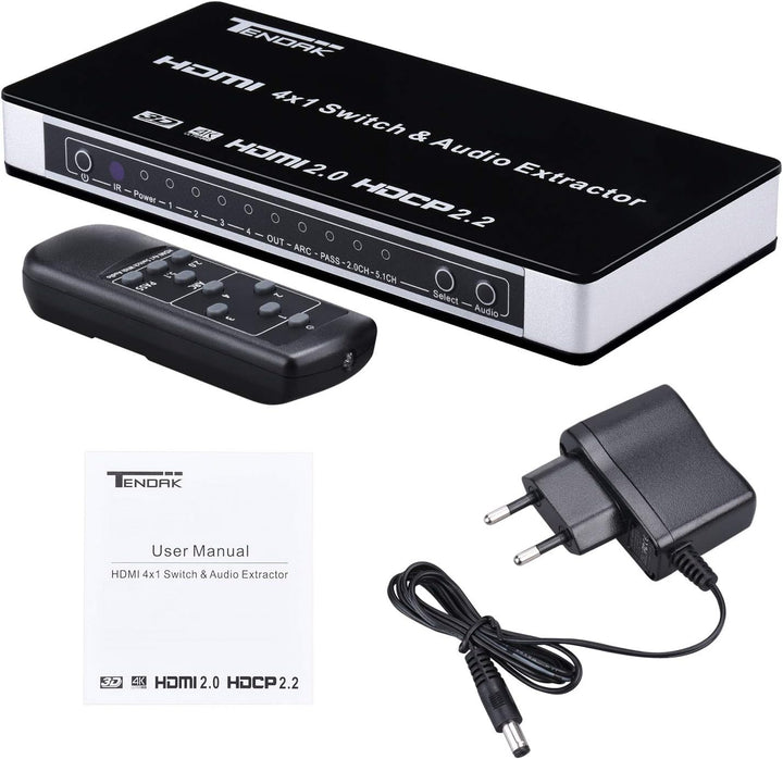 Tendak HDMI 2.0 Switch 4 Port HDMI Umschalter 4K HDMI Verteiler HDMI Schalter 4 auf 1 mit Optisch un