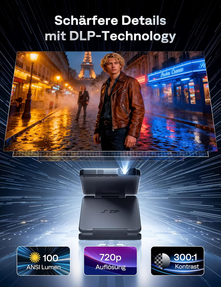 Aurzen Zip Tri-Fold Mini Beamer mit Akku, 4K Unterstützt Smart Beamer Klein Tragbarer Projektor Outd