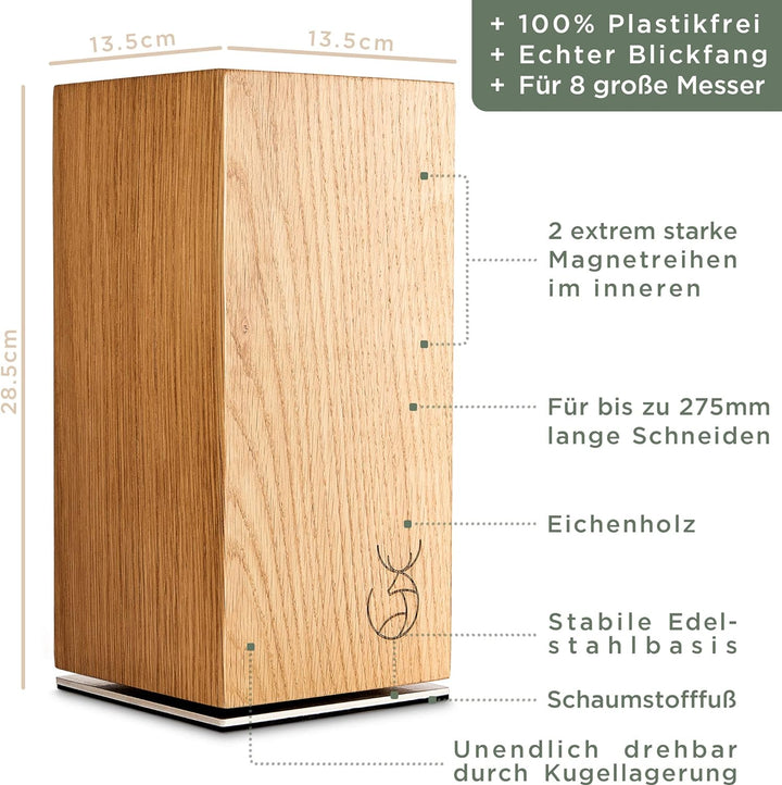 WALDWERK Design Messerblock ohne Messer - Messerblock magnetisch und drehbar aus edlem Eichenholz -