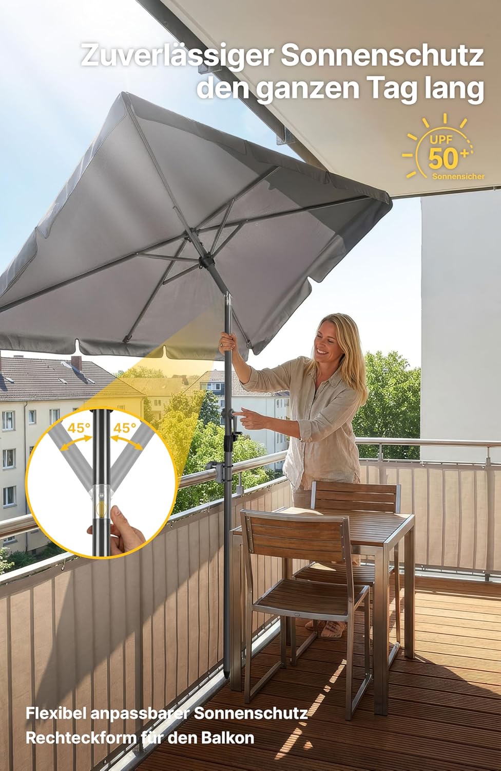 4smile SunnyShade Sonnenschirm Balkon mit Halterung im 3-er-Set, UV 50+, 210x140 cm, Anthrazit, für