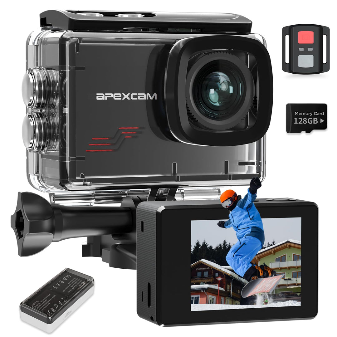 Apexcam M80 4K 60FPS 48MP Action Cam mit 128GB WiFi Karte 40M Ultra HD Unterwasserkamera Wasserdicht