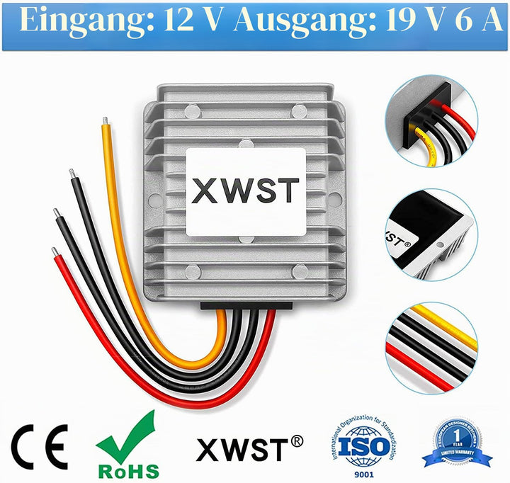XWST DC 12V auf 19V 6A 114W Spannungswandler Auto Netzteil Wandler Konverter Transformator Adapter D