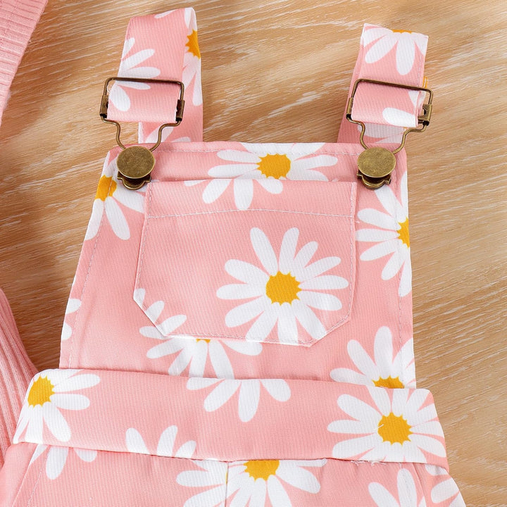 Neugeborenes Mädchen Kleidung Gänseblümchen-Aufdruck Gerüschtes Oberteil mit Hosenträgerhose und Tas
