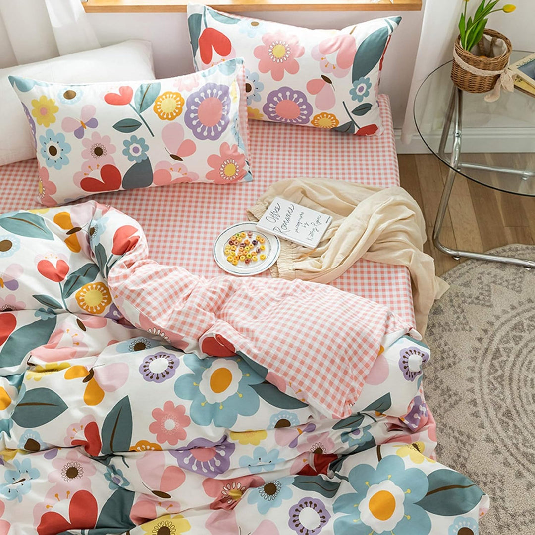 GETIYA Mädchen Bettwäsche 135x200 Cartoon Blumen Bettwäsche Rosa Kinder Bettwäsche Set 2 Teilig Natu