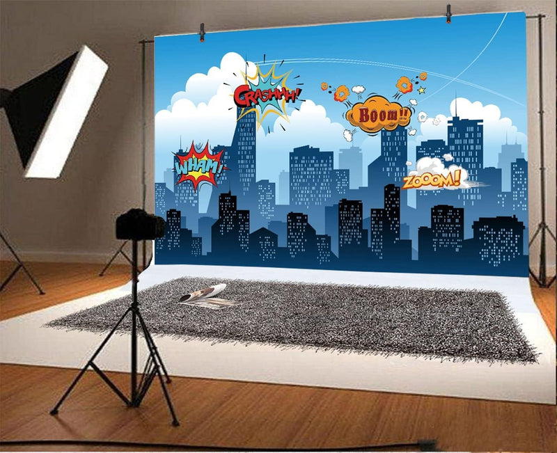 Renaiss 3x2m Superhelden Hintergrund Comic Stadtbild Hintergrund für Fotografie Baby Shower Boy Girl