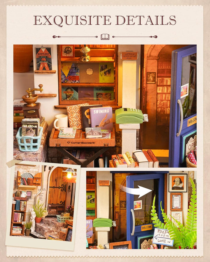 Rolife Puppenhaus Ecke Buchhandlung DIY Miniaturhaus Bausatz Puppenhaus Holzmodellbausatz mit Möbeln