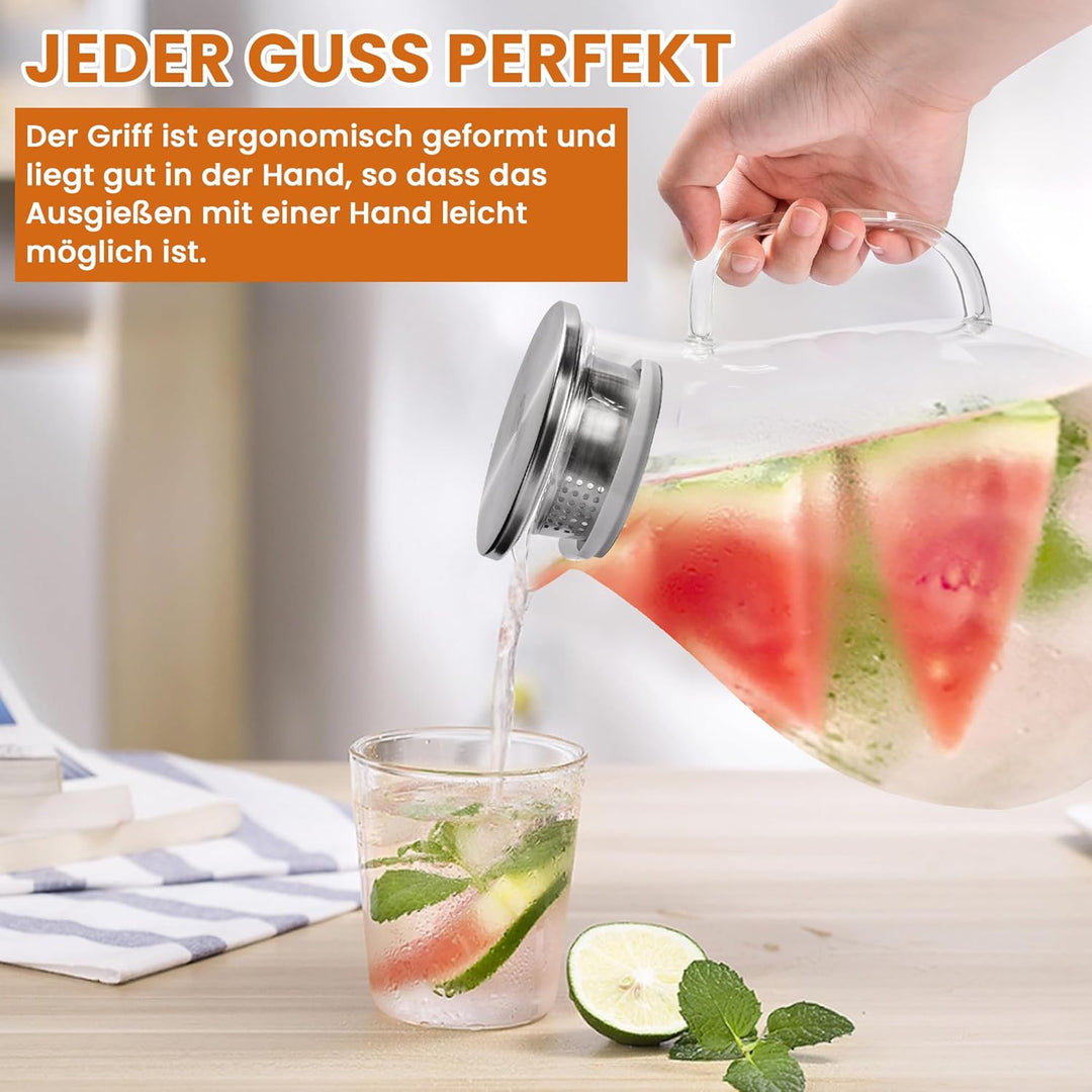 SUSTEAS 3.0 Liter 101 Unzen Wasserkaraffe, Glaskaraffe mit Deckel und Breitem Griff, Leicht zu Reini