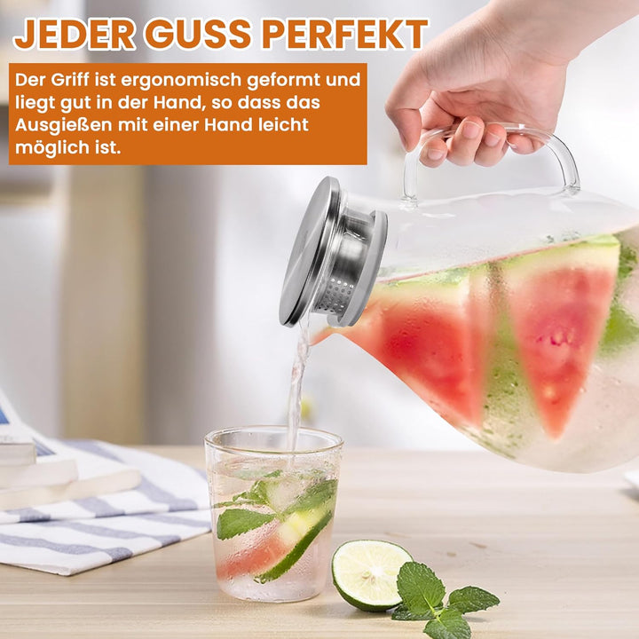 SUSTEAS 3.0 Liter 101 Unzen Wasserkaraffe, Glaskaraffe mit Deckel und Breitem Griff, Leicht zu Reini