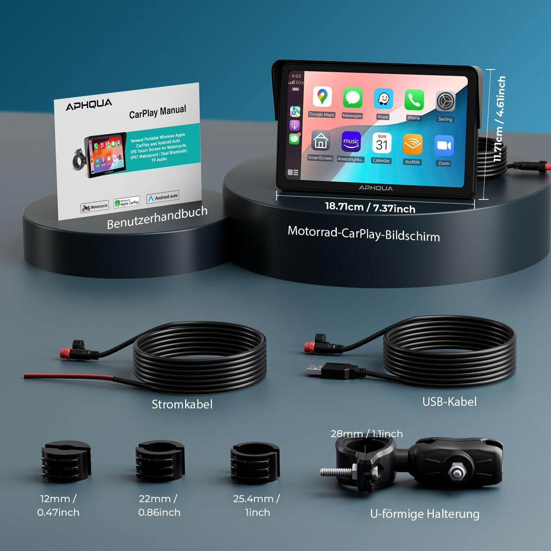 Kabelloses Carplay-Display für Motorrad, 7 Zoll wasserdichter Touchscreen, Tragbares CarPlay und And