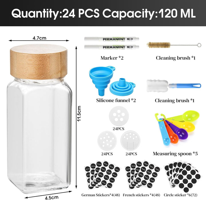 TWBEST Gewürzgläser 24er Set, Gewürzgläser Eckig mit Streueinsatz,120ml Gewürzdosen mit Bambusdeckel