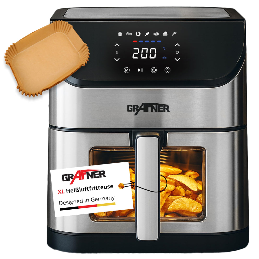 Grafner XXL Digitale Heissluftfritteuse 8 L, 100x Backpapier, LED Touchscreen, 7 Programme, 1800 Wat