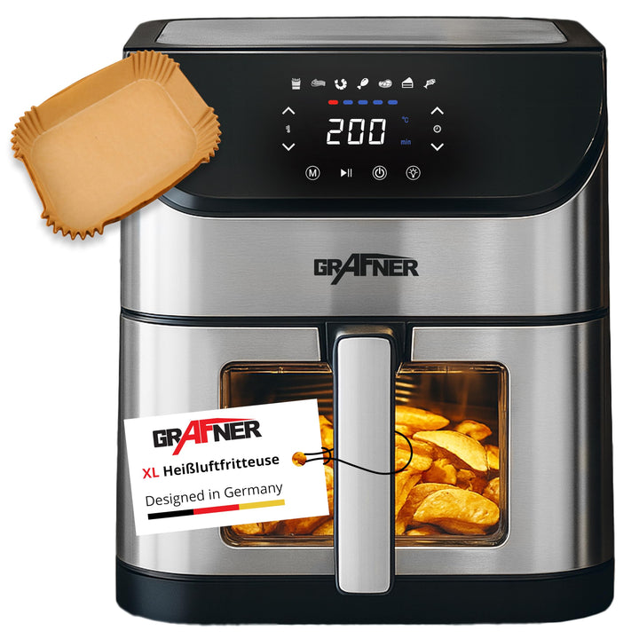 Grafner XXL Digitale Heissluftfritteuse 8 L, 100x Backpapier, LED Touchscreen, 7 Programme, 1800 Wat
