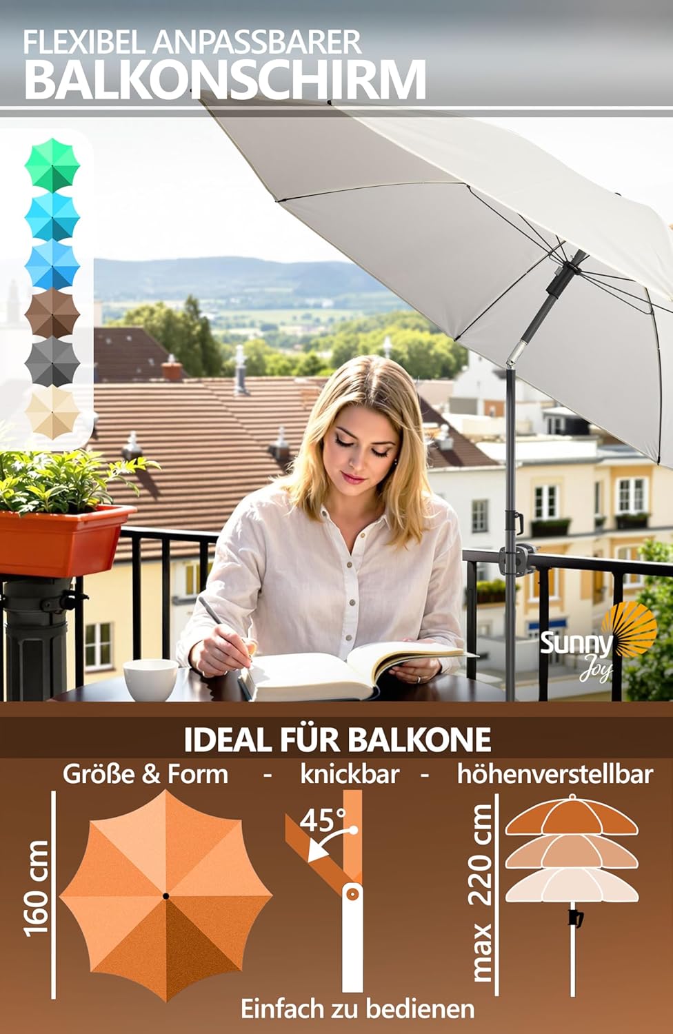 4smile Sonnenschirm Balkon SunnyJoy im 3er-Set - UPF 50+ Balkon Schirm 160 cm + Sonnenschirmhalter B