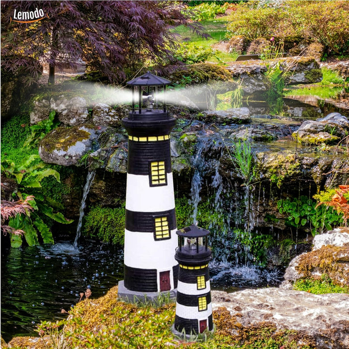 NATIV LEMODO Gartendeko Leuchtturm 83cm hoch | Handbemalte Gartenfigur mit solarbetriebenem, rotiere