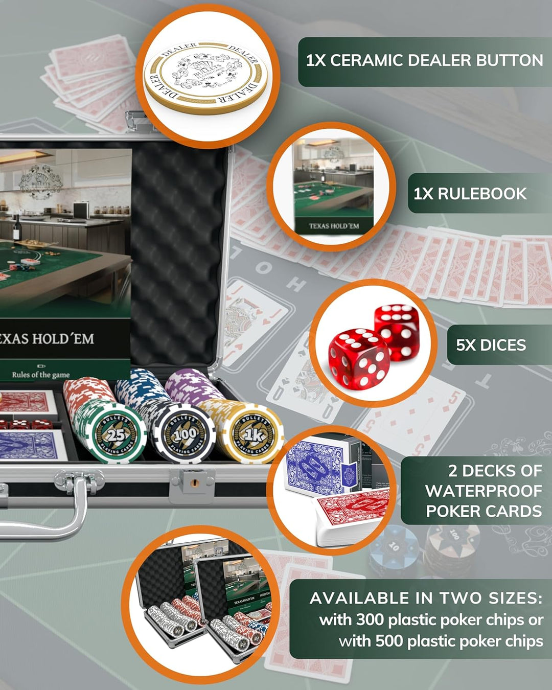Bullets Playing Cards | Pokerkoffer Deluxe „Christopher“ mit 300 Plastik Pokerchips 12g | Pokerset m